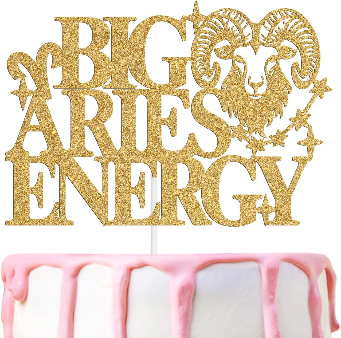 Gold Glitter Big Aries Energy Cake Topper, Happy Birthday Aries in March/April, Aries Season, 12 Zodiac Constellation Theme Birthday Party Decoration Supplies for Men Women