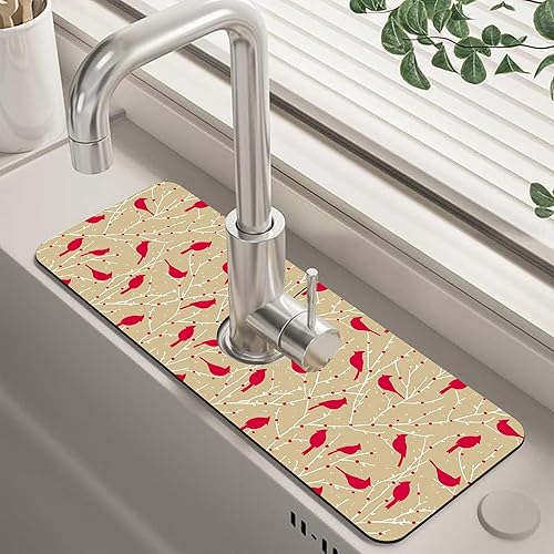 Christmas Cardinal Birds Kitchen Sink Splash Guard Mat Absorbent Fast Drying Mat