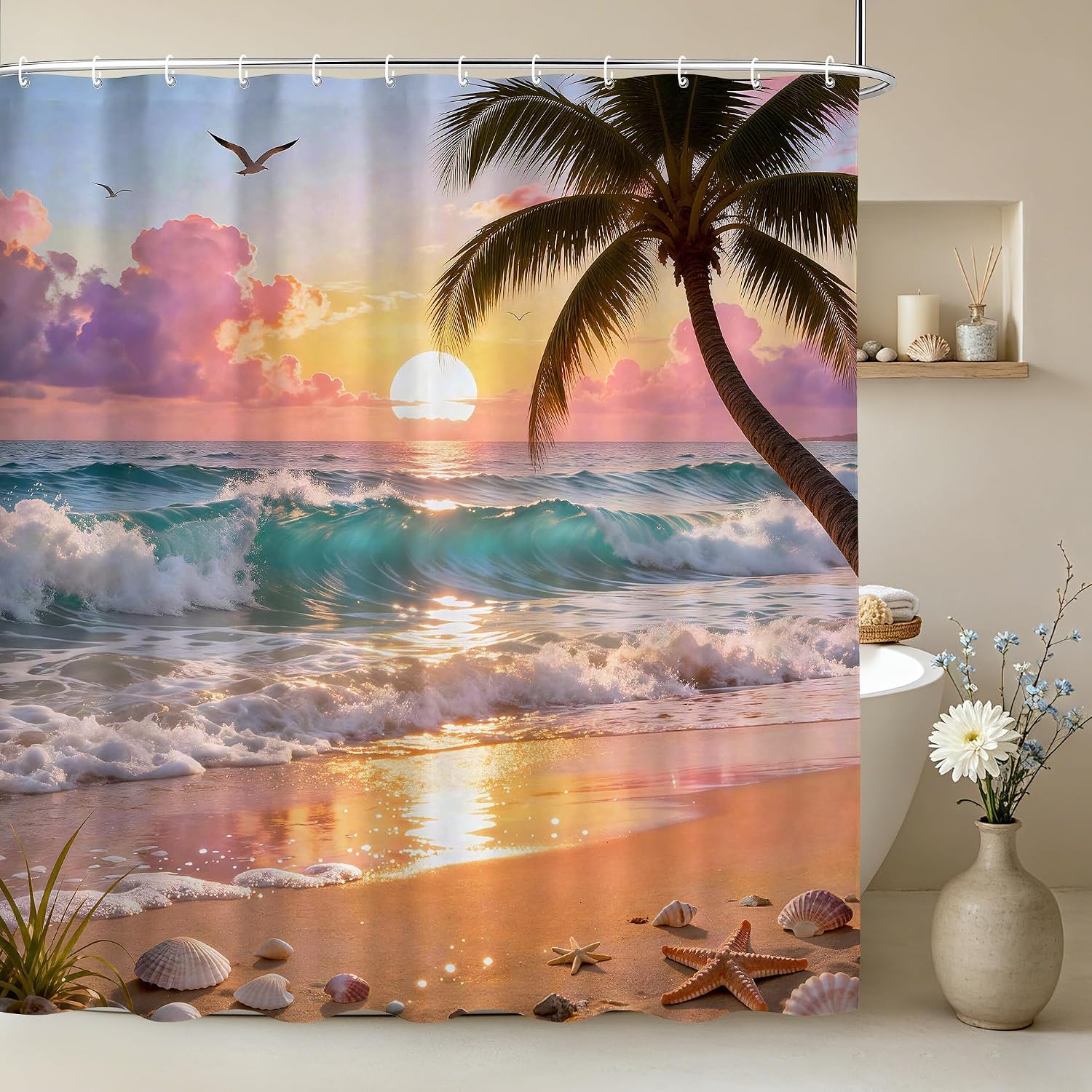 Tropical Sunset Beach Shower Curtain, Teal Blue Coastal Ocean Seascape with Coconut Palm, Seagull, Starfish & Seashells, Waterproof Polyester Fabric, 72x72 Inch Bathroom Decor, Sets with Hooks