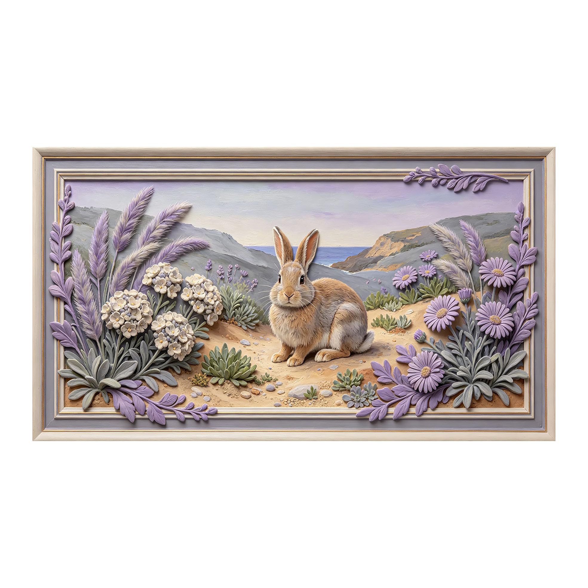 Yzpallescene 3D 3D Framed Wall Art 50cm×90cm Coastal Meadow Bunny Floral Landscape Oil Painting Large Size SelfAdhesive Removable Wall Decor Prints Artwork for Living Room Bedroom Office