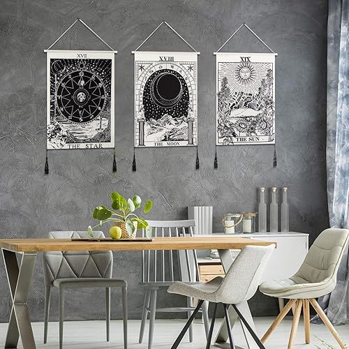 Miniatura 6 de Tapiz de tarjeta de tarot tapiz de luna estrella y sol tapiz de montaña tapiz de arte blanco y negro decoración para colgar en la pared del hogar