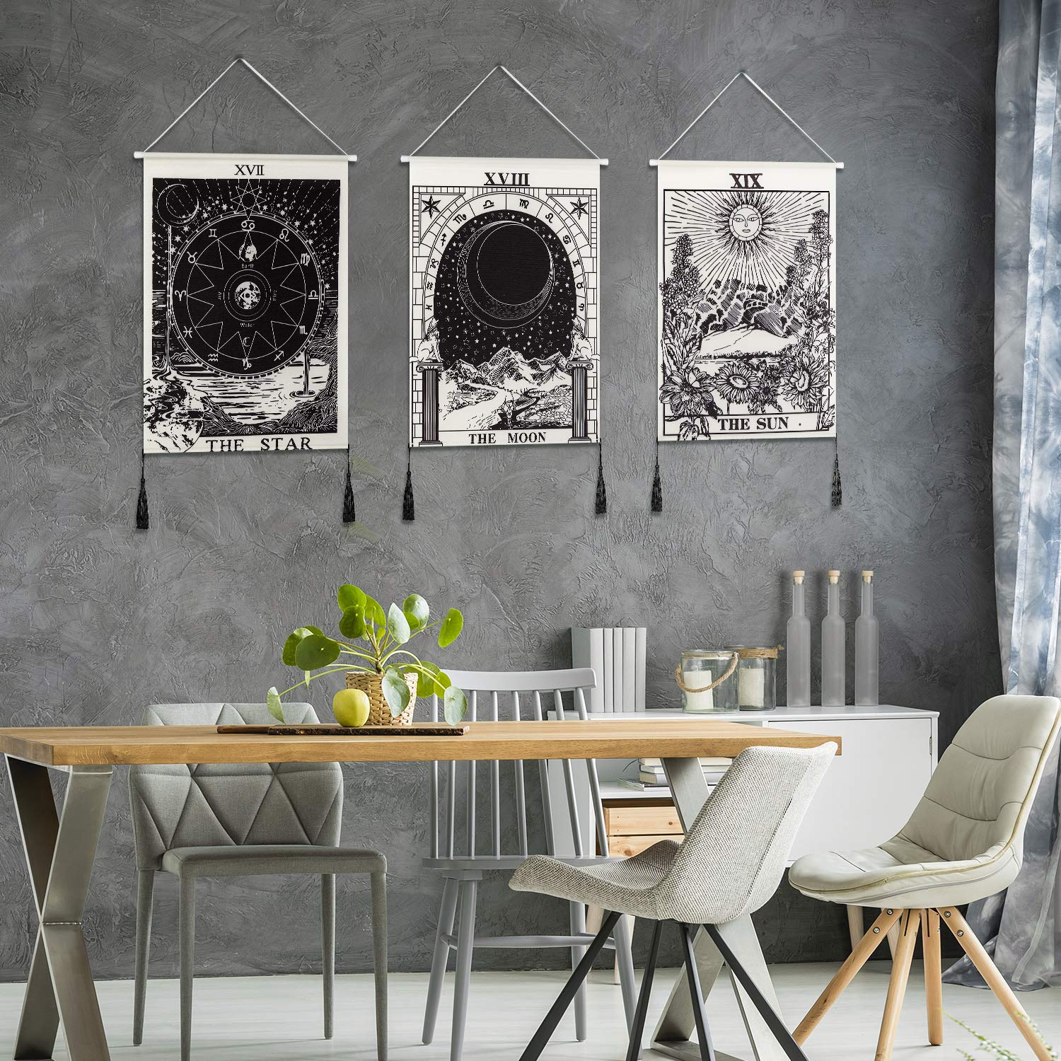 Moon Tapestry, Deur Tapijtwand Muur Muur Hangende Kunst Bohemian Tapestries Canvas Linnen Muurkunst voor Huis Appartement Slaapkamer Kunstdecoratie, 12.2x55.1in (BLACK