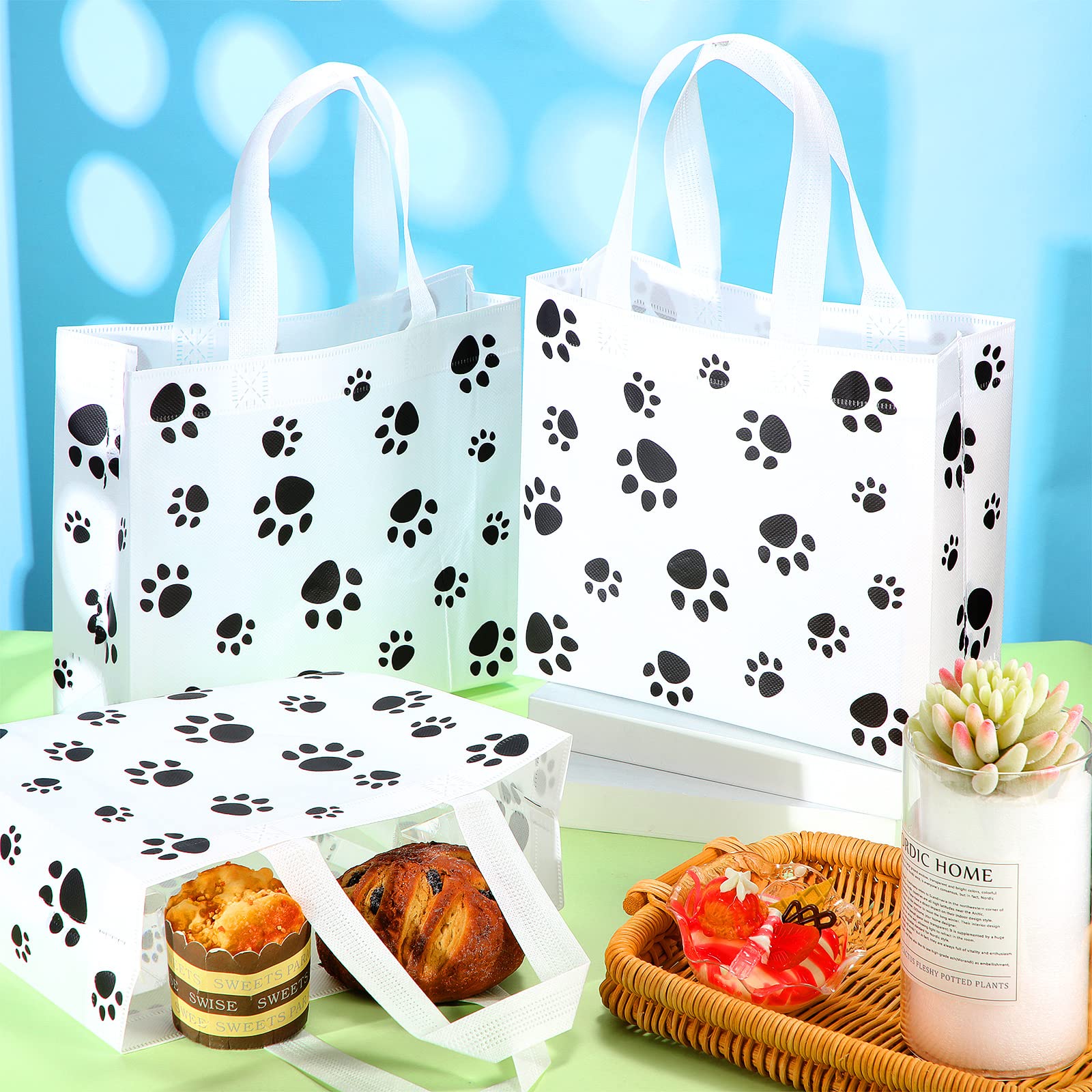 Frienda 20 Pieces Dog Gift Bags Non Woven Paw Print with Handle Pet Party Favor Paw Goodie Reusable Candy Bag for Birthday Party