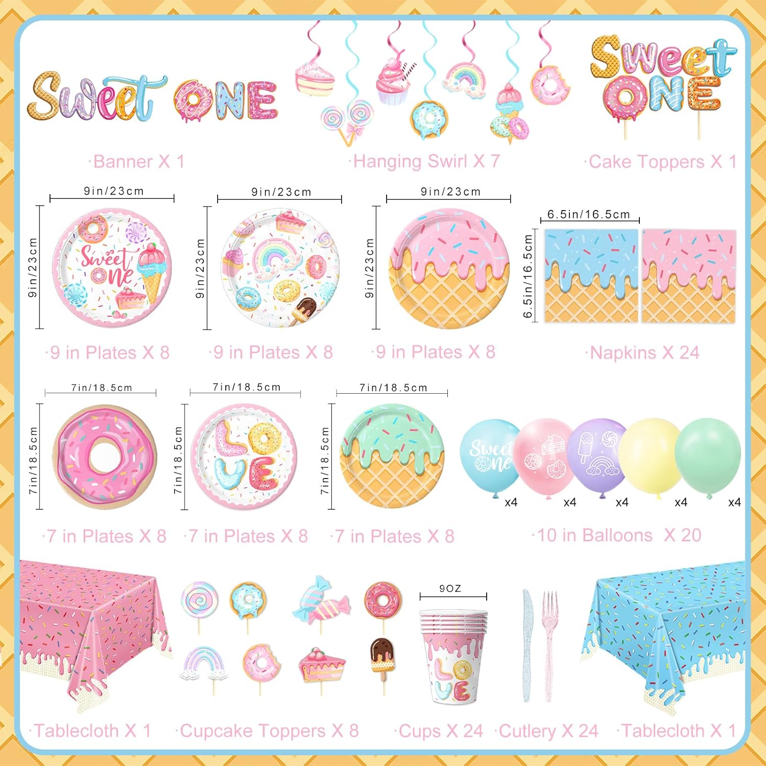 Sweet One Birthday Party Decorations Includes Plates, Napkins, Cups, Cutlery, Cake & Cupcake Toppers, Banner, Hanging Swirls, Tablecloth, Balloons for Girl Donut First Birthday Decorations, Serve 24 - Image 2