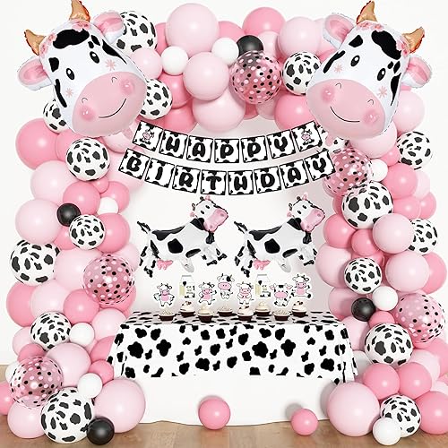 Amandir 115 piezas de decoración de fiesta de vaca rosa, kit de arco de guirnalda de globos con globos con estampado de vaca, pancarta de feliz