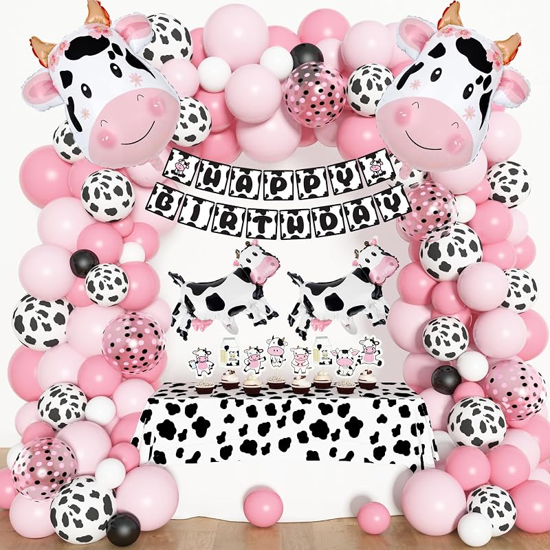 Amandir 117PCS Pink Cow Party Decorations Cow Balloon Garland Arch Kit | Cow Print Balloons, Happy Birthday Banner, Cake Topper for Girl Baby Shower Farm Animals Themed Birthday Party Supplies
