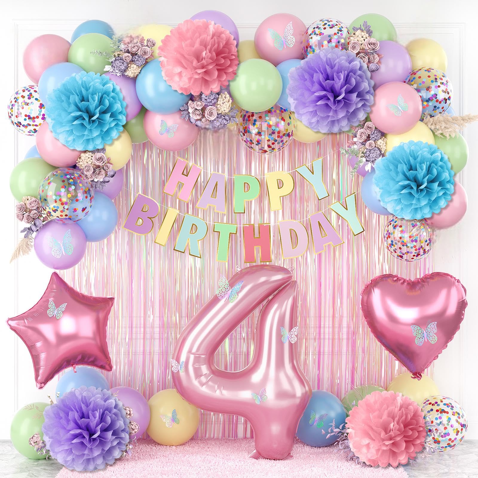 Pastel 4th Birthday Colorful Party Decorations Girls Pink Number 4 Balloon