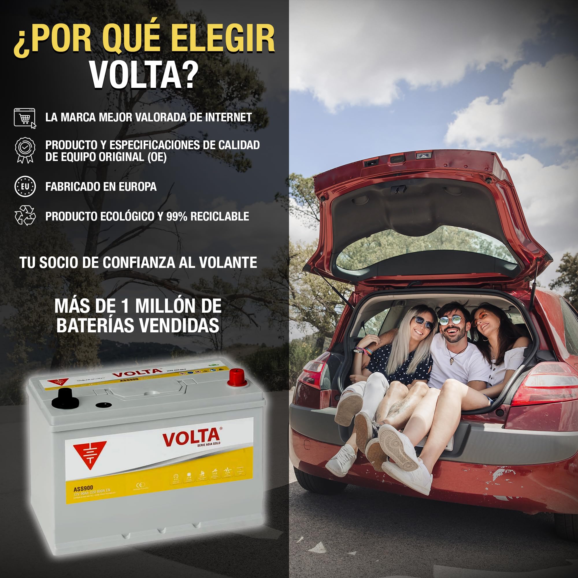 Batería de Coche Start-Stop EFB 90Ah 800 AEN - Volta Gold Asia ASS900D - Sistema Start-Stop - Borne +Derecha - Medidas Largo 306 x Ancho 176 x Alto 225 mm con 2 Años Garantía - Fabricación Europea