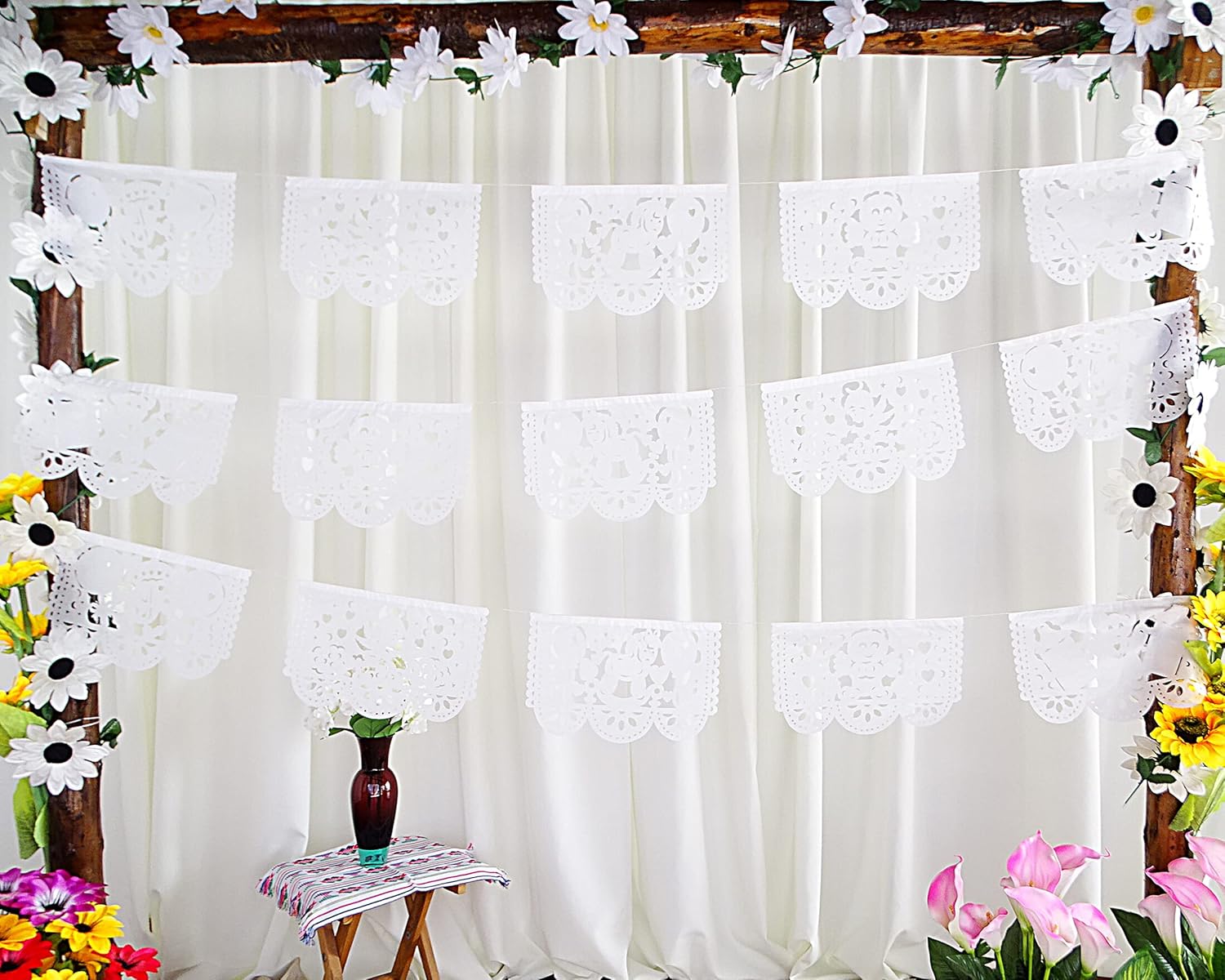 Baby Shower Party Decor for boy or Girl, Over 60 feet of White Papel Picado White Tissue Paper Banner Garlands with Angels, Babies Rocking Horse 50 Panels/Flags 5 Pack