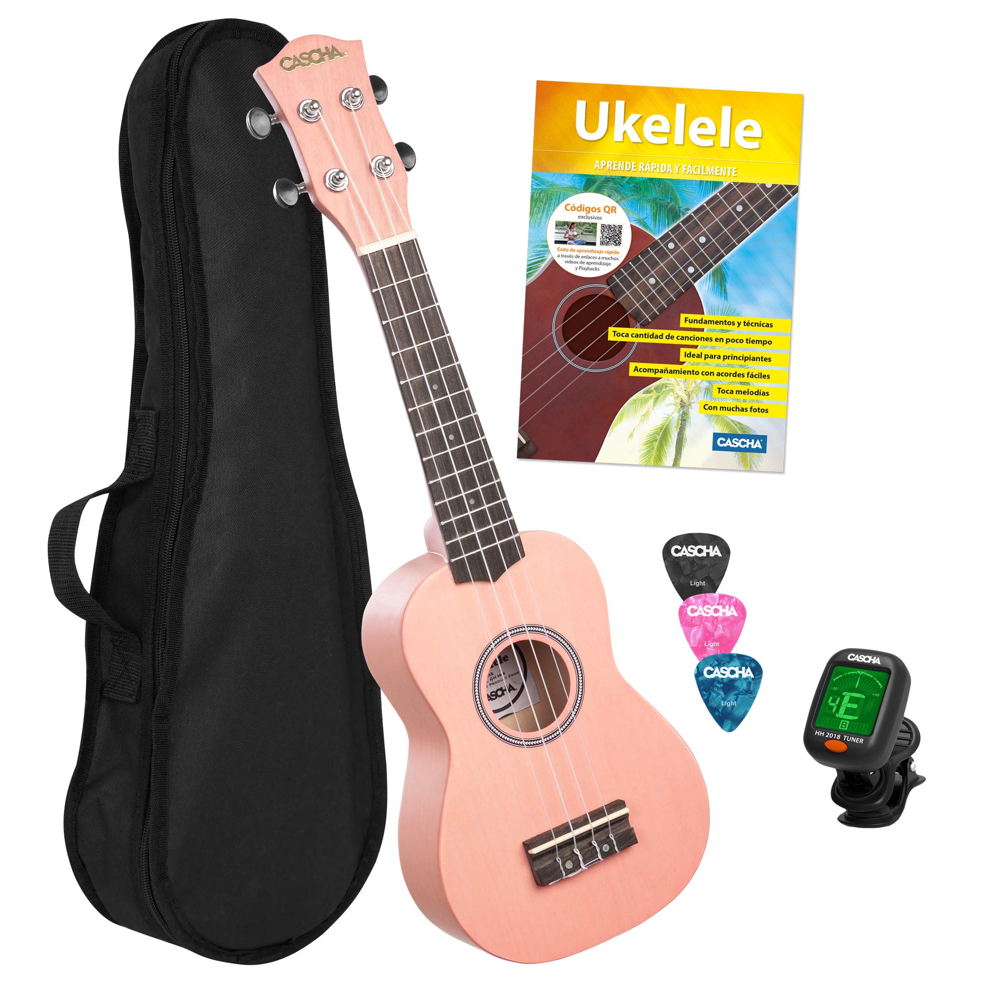 CASCHA Sopran Ukulele Set Spanisch für Kinder und Erwachsene I Starter Kit mit 3 Plektren Tasche Lehrbuch Lernvideos über QR-Code I Stimmgerät I Aquila Saiten I Kleine Hawaii Gitarre I Pink/Rosa