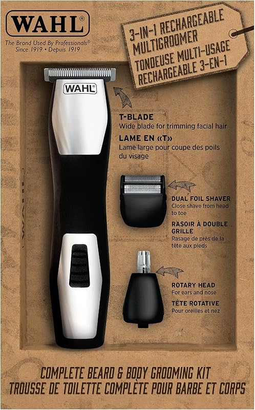 Wahl Canada Kit completo de cuidado de barba y cuerpo, recortador multigroomer recargable 3 en 1, incluye 4 guías de corte con cuchilla en T, ideal para mezclar, afilar y definir barbas, cuidado de hombres - Modelo 3286