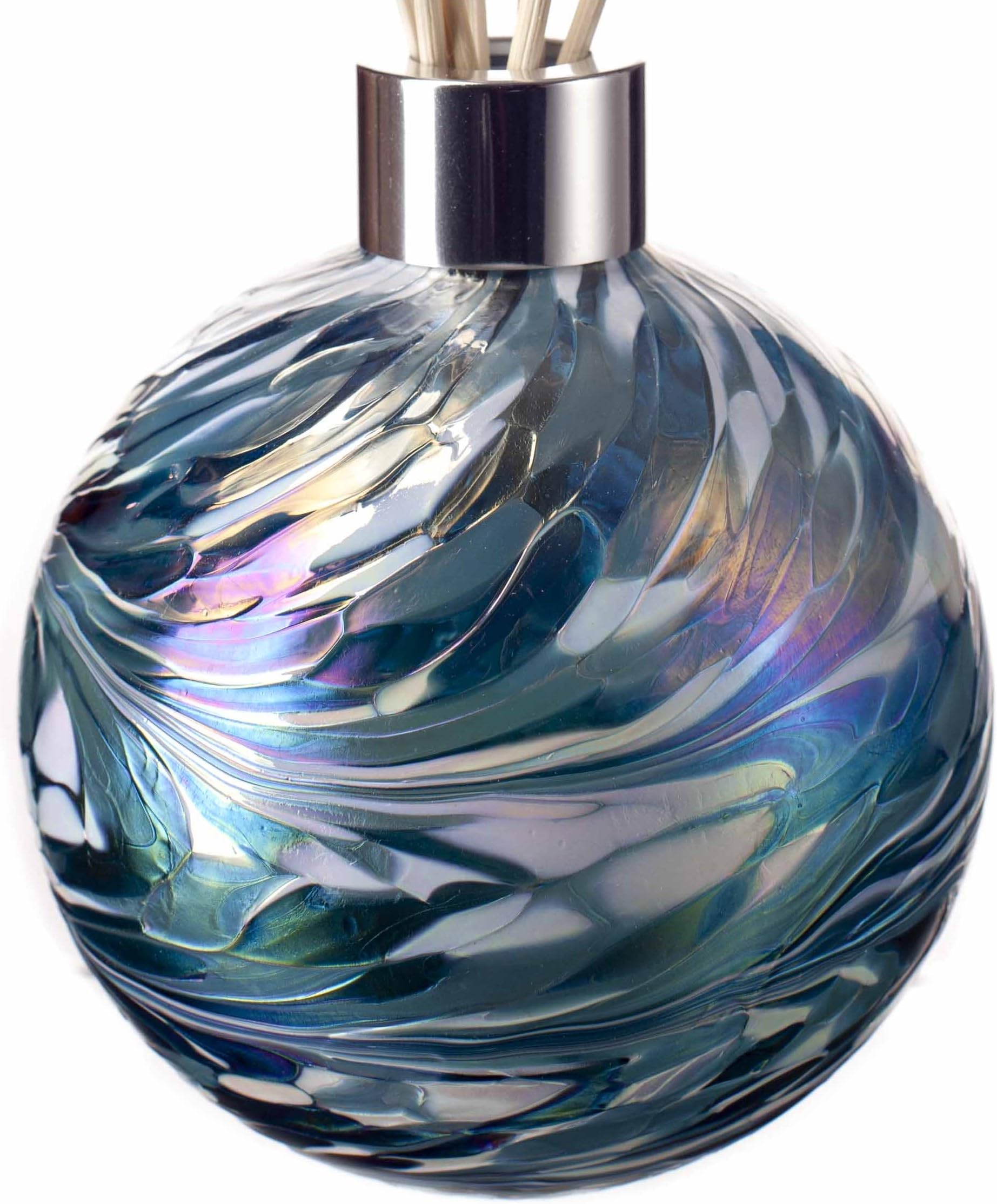 Amelia Art Glass Reed Diffuser Sphere- Turquoise & White, Height 11.5cm, width 10cm with reeds 25cm