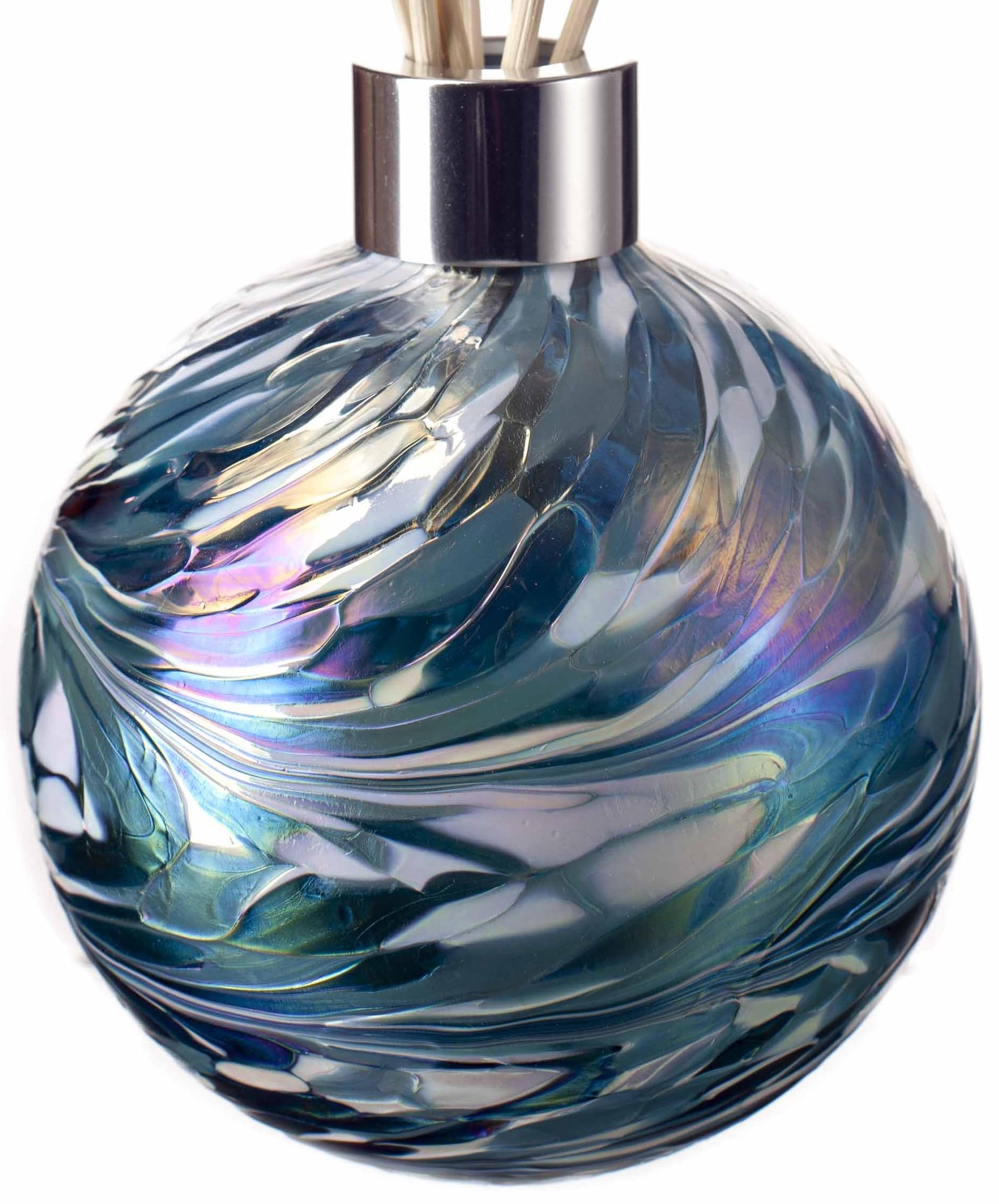 Amelia Art Glass Reed Diffuser Sphere- Turquoise & White, Height 11.5cm, width 10cm with reeds 25cm