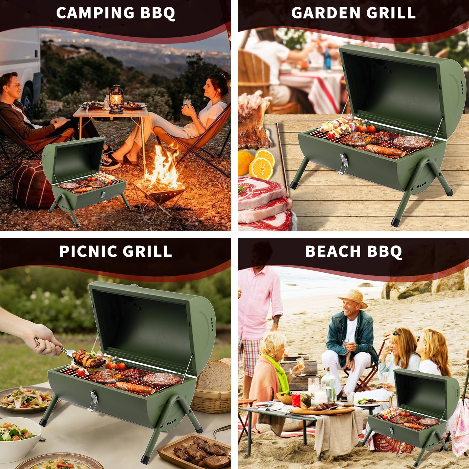 DNKMOR GREEN przenośny grill na węgiel drzewny, mały grill do gotowania na świeżym powietrzu, podwórko, kemping, piknik, plaża, zielony