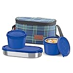 MILTON Decker Lunch Box with Insulated Fabric Jacket, 2 Inner Stainless Steel Containers 450 ml Each & 1 Oval Stainless Steel 450 ml, Microwave Safe, Leak-Proof Tiffin for Office, Easy to Carry, Blue