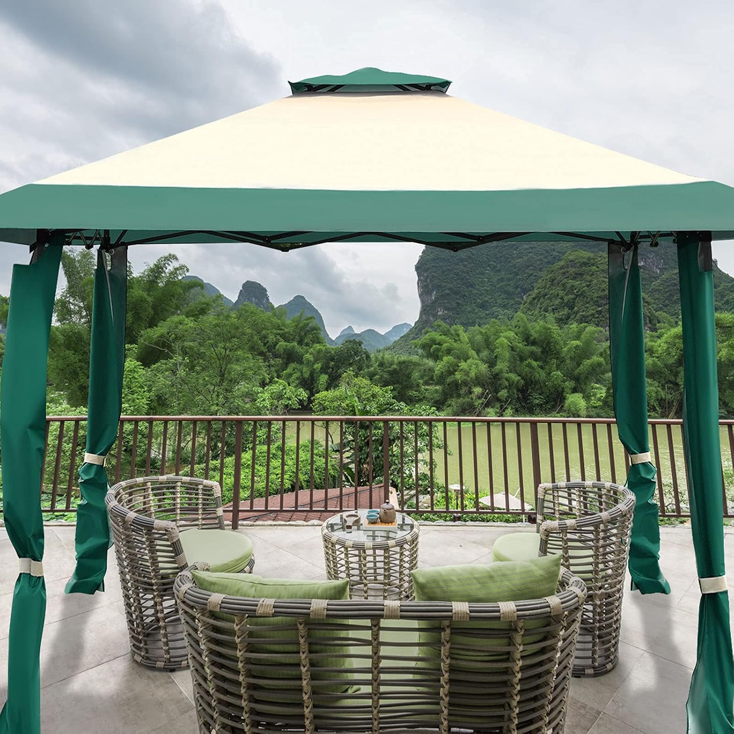 Tangkula 13 x13Ft Pop-Up Gazebo, Outdoor Canopy Shelter w/ 2-Tier Roof, Corner Curtains & 3 Adjustable Heights, Patio Gazebo with 169 Sq.Ft of Shade for Yard, Patio, Beach & Park (Green)