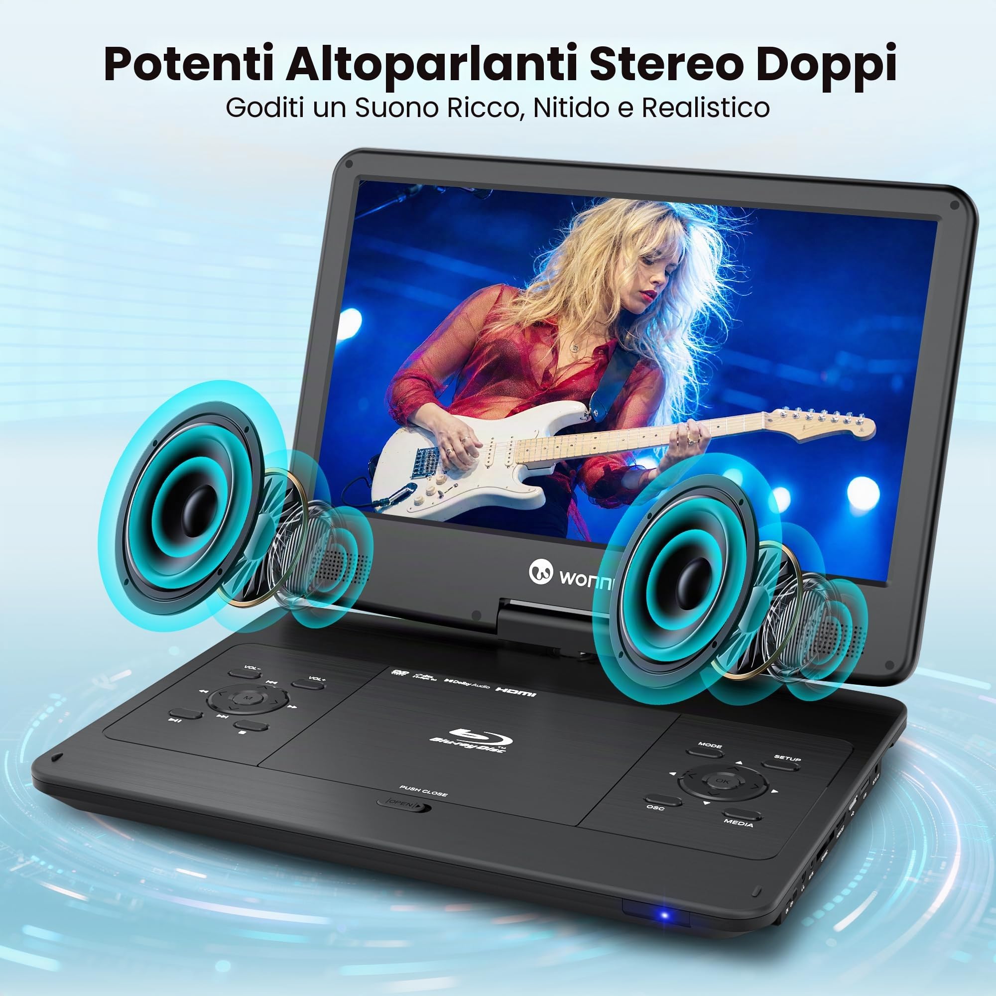 WONNIE Lettore Blu Ray portatile da 16,9 pollici con schermo girevole Full HD da 14,1 pollici 1080p, lettore DVD Blu-ray con uscita HDMI e ingresso AV, batteria ricaricabile 4-5 ore, supporto MP4