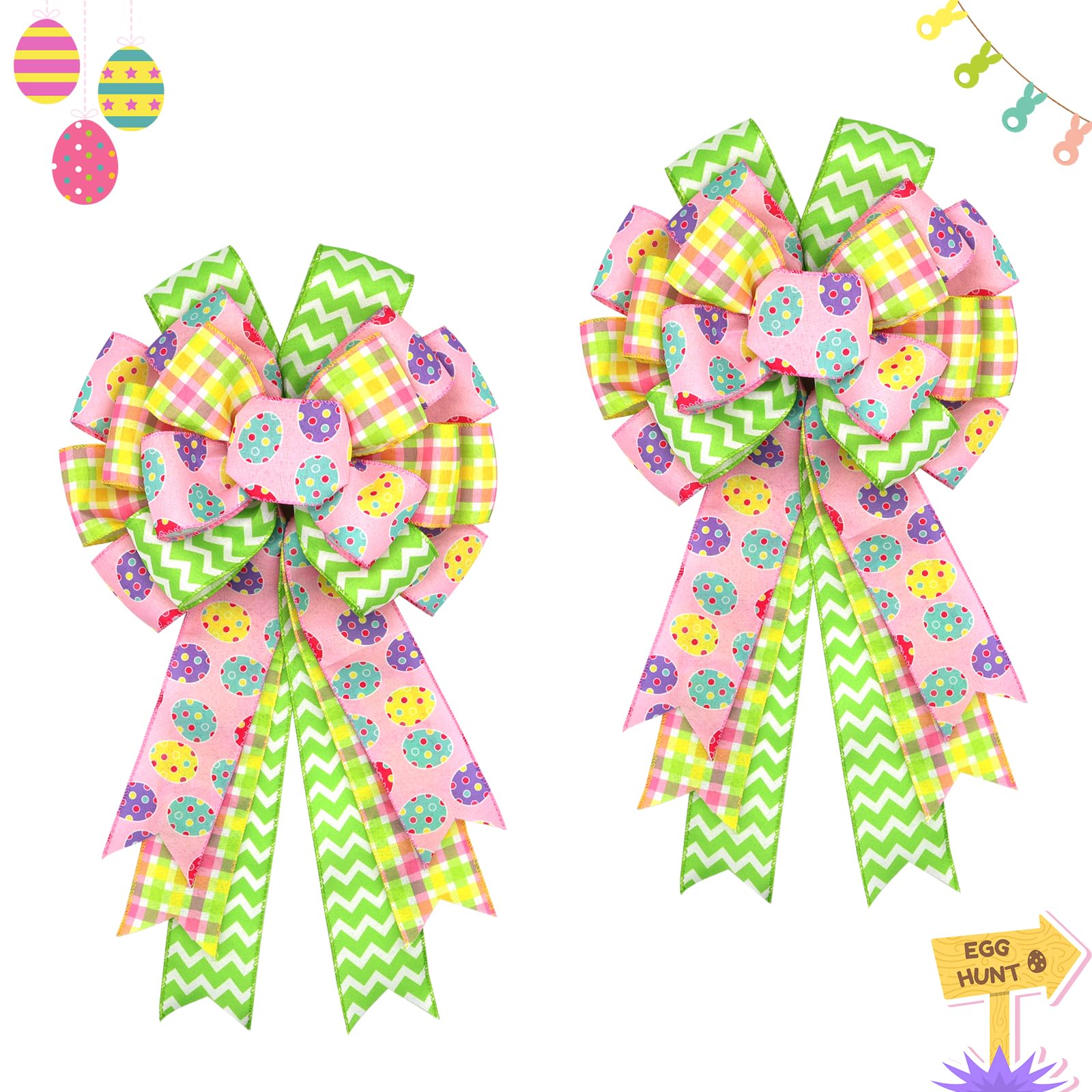 Large Easter Bows for Wreath 20x11 Inch, 2 Pack Pre-Tied Easter Egg Wired Ribbon Bow, Big Tree Topper Bow for Front Door Indoor Outdoor Spring Summer Decoration (Yellow)