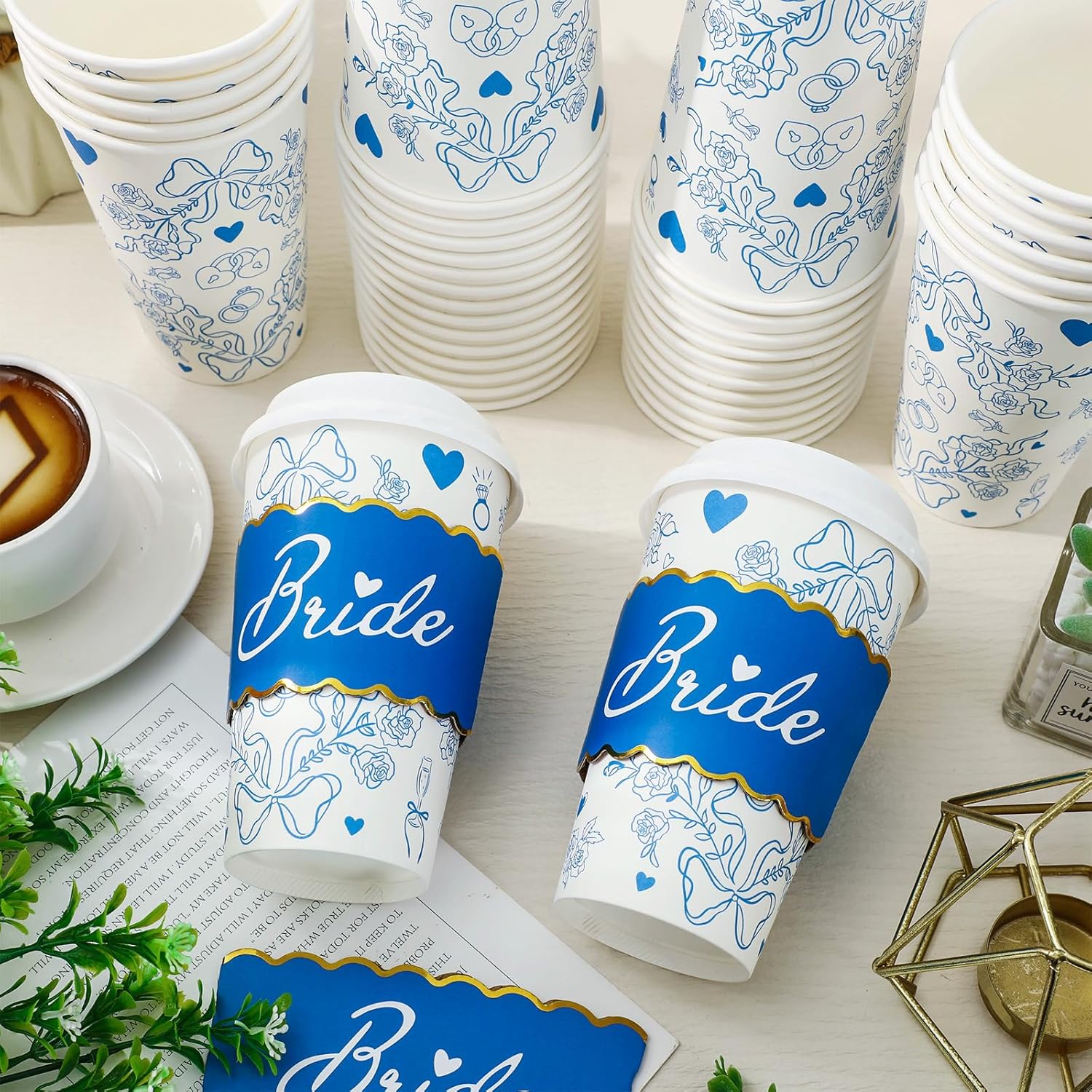 JarThenaAMCS 50 Sets Wedding Coffee Cups with Lids Sleeves 16oz Bride Paper Cups Blue Floral Heart Bow Disposable To Go Coffee Cup for Bridal Shower Cappuccino Chocolate Beverage Cocoa - Image 4