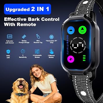 Dog Bark Collar with Remote Control,Smart 2-in-1 Automatic & Manual Anti Barking Dog Training Collar with Beep,Vibration,Static Modes for Large Medium Small Dogs,5 Adjustable Sensitivity