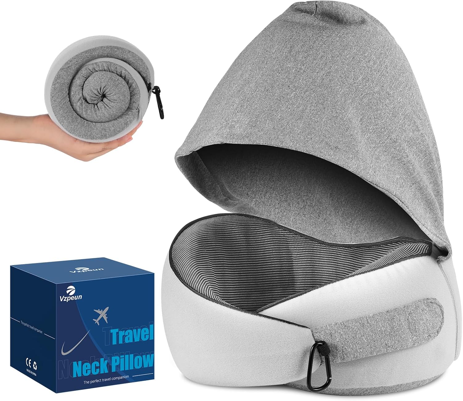 Travel Pillow, Hooded Neck Pillow Airplane for Sleeping, Memory Foam Traveling Pillow for Long Flights, Portable Plane Accessories (Light Gray)