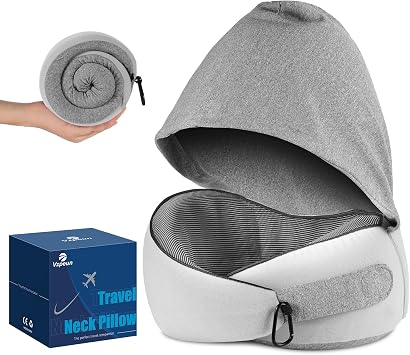 Travel Pillow for Airplane, Hooded Memory Foam Neck Pillow for Sleeping