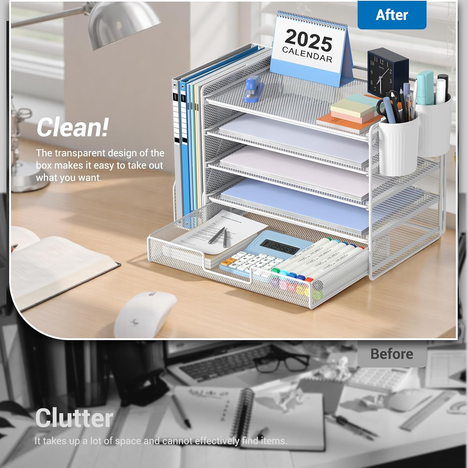 OPNICE Desk Organizer, 5-Tier Paper File Organizer with Drawer & Pen Holder, Office Desk Accessories, Workspace Desktop Organizer for Office Supplies(White) - Image 5
