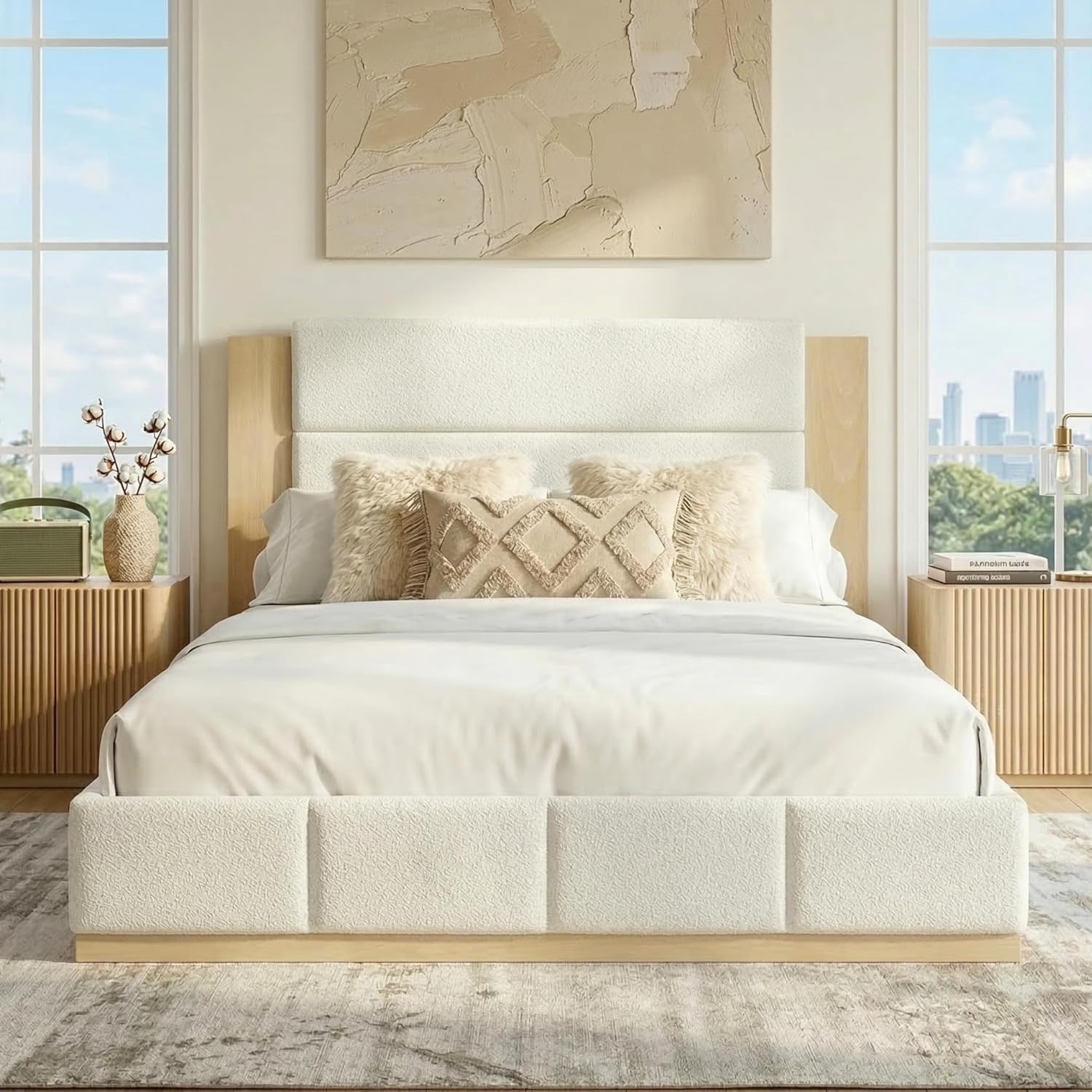 Merax Classic King Tufted Platform Bed with High Headboard, Low Boucle Upholstered Bed Frame No Box Spring Needed/Easy Assemble, White