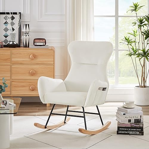 Miniatura 2 de Olela Mecedora para guardería, mecedora tapizada de peluche, asiento acolchado con respaldo alto y bolsillo lateral para sala de estar, dormitorio,