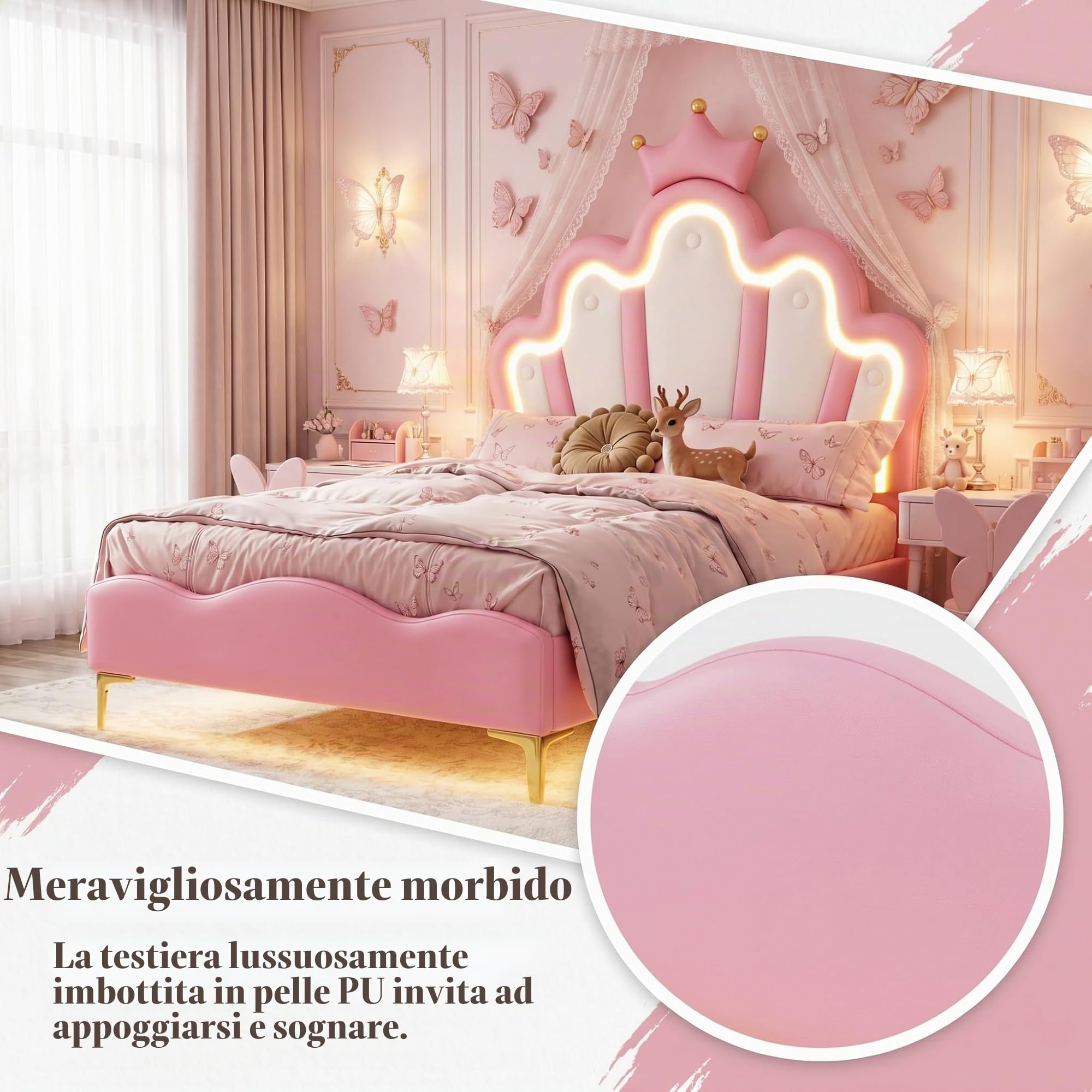 Letto matrimoniale imbottito per bambini, 140 x 200 cm, letto per ragazze con testiera LED imbottita e rete a doghe, in poliuretano, senza materasso (Rosa, 140x200cm)