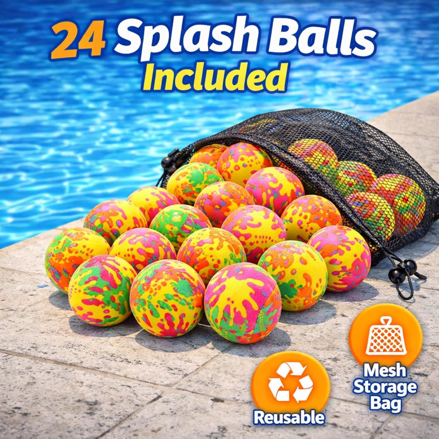 Liberty Imports 24 PCS Splash Water Balls with Mesh Bag - 2" Mini Super Splashers Water Bombs Absorbent Balls for Swimming Pool Toys, Outdoor Summer Beach Activities for Kids Bulk Party Favor Games
