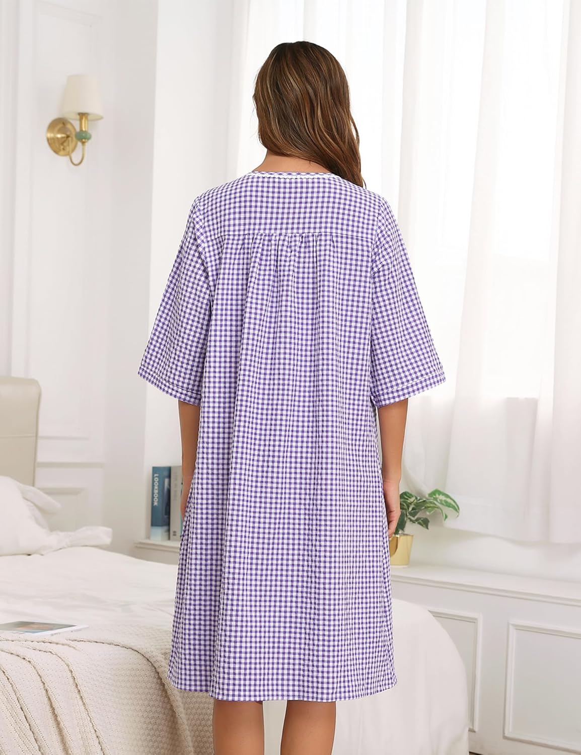 YOZLY Nightgowns for Women Cotton Snap Front Housecoat 3/4 Sleeve Housecoat with Pockets S-3XL - Image 7