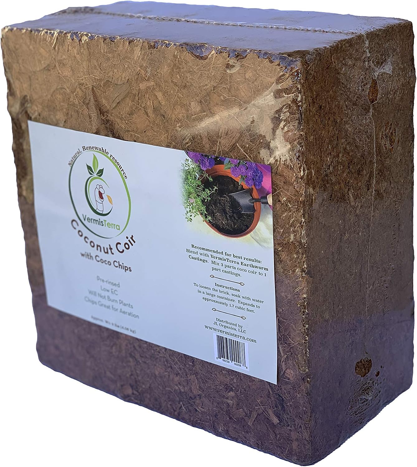 VermisTerra - Coco Coir and Chips, Compressed Brick - Approx 9 LB (1.7 cu ft) - for Container Garden and Potting Mix