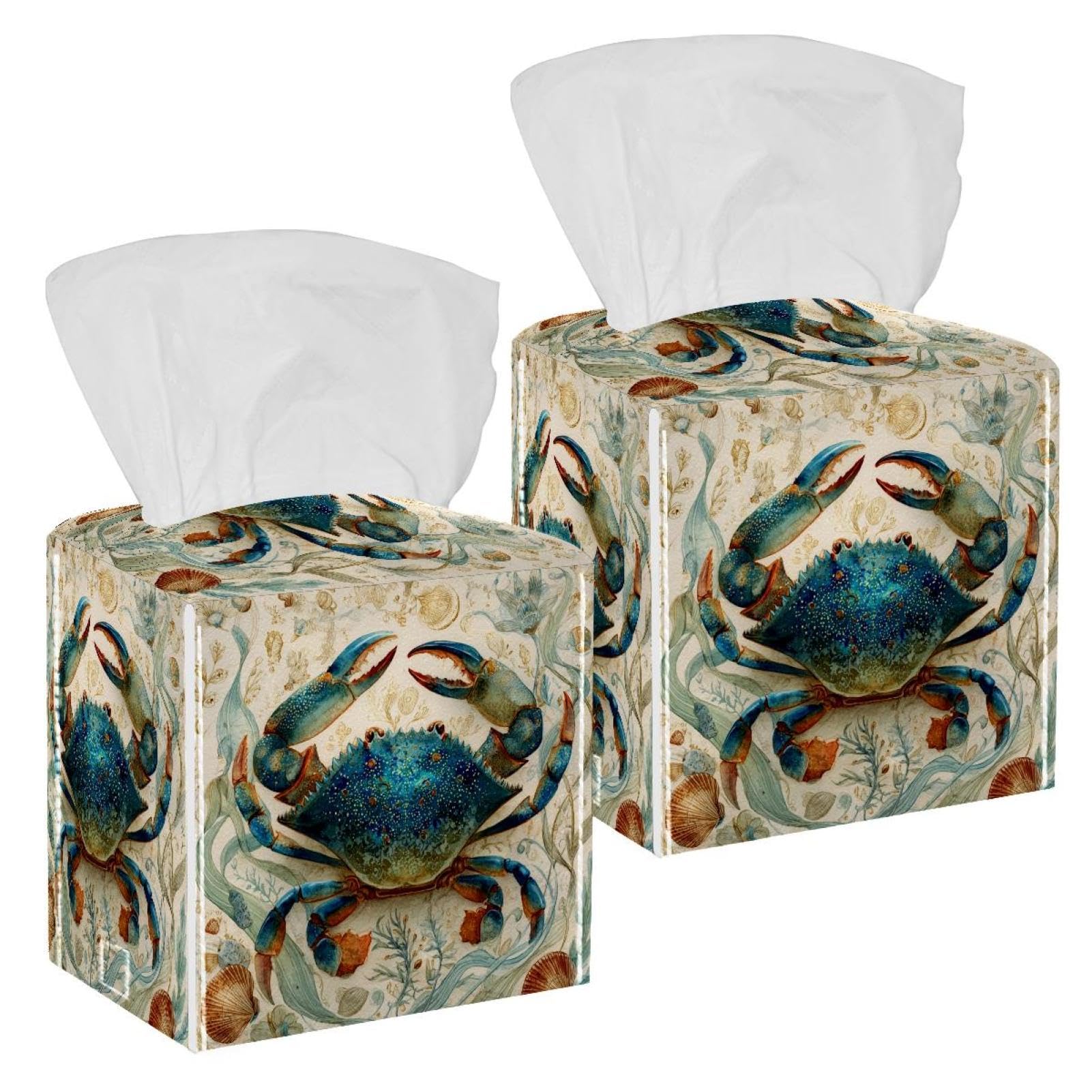 Blue Crab Tissue Box Cover, 2 Pack PU Leather Square Facial Tissue Dispenser Box holder for Home Office Car