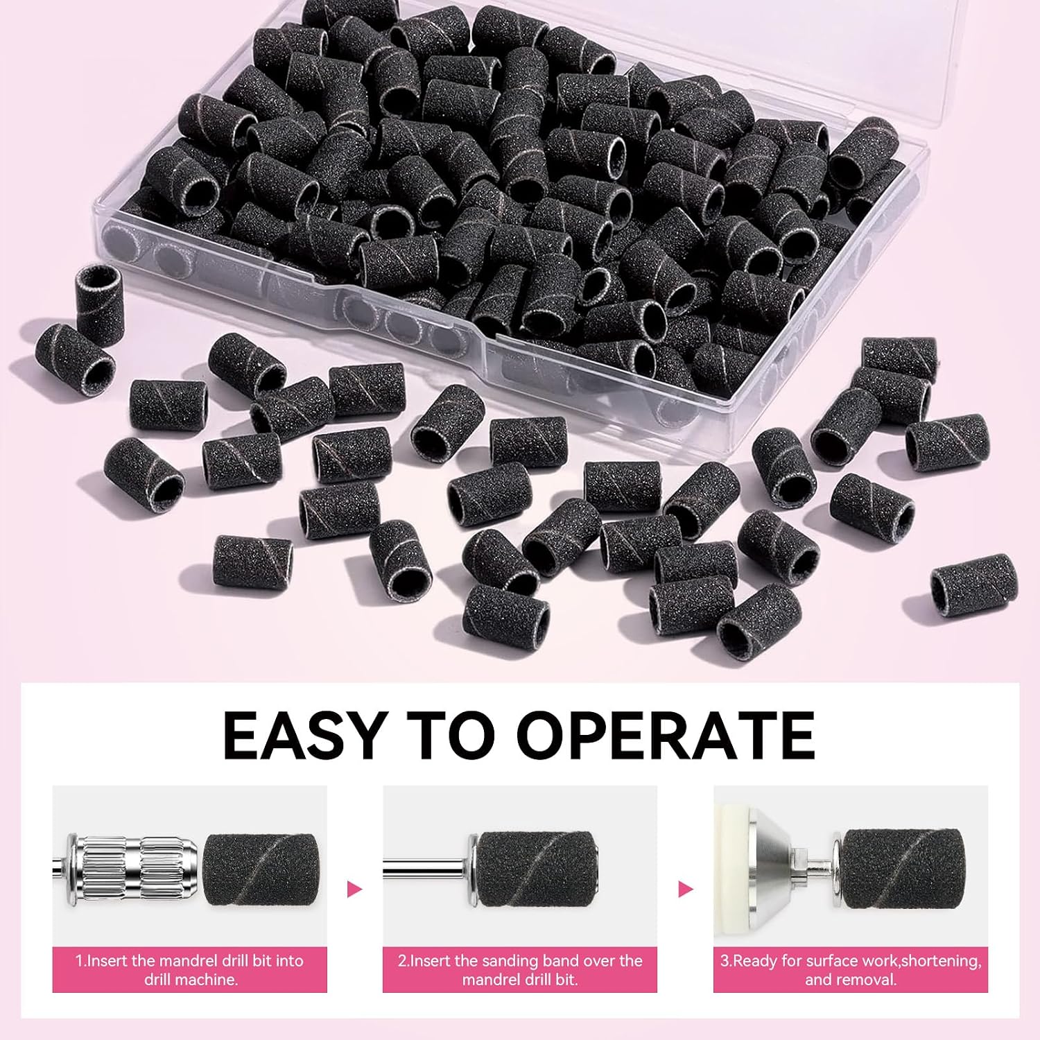 Makartt Sanding Bands for Nail Drill - 100 Pcs #180-Fine Grits Nail File Sanding Bands for Drill Bits, Nail Prep Smooth Polish, Upgrade Thicker Durable Sanding Drill Bit for Acrylic Nails Gel, Black