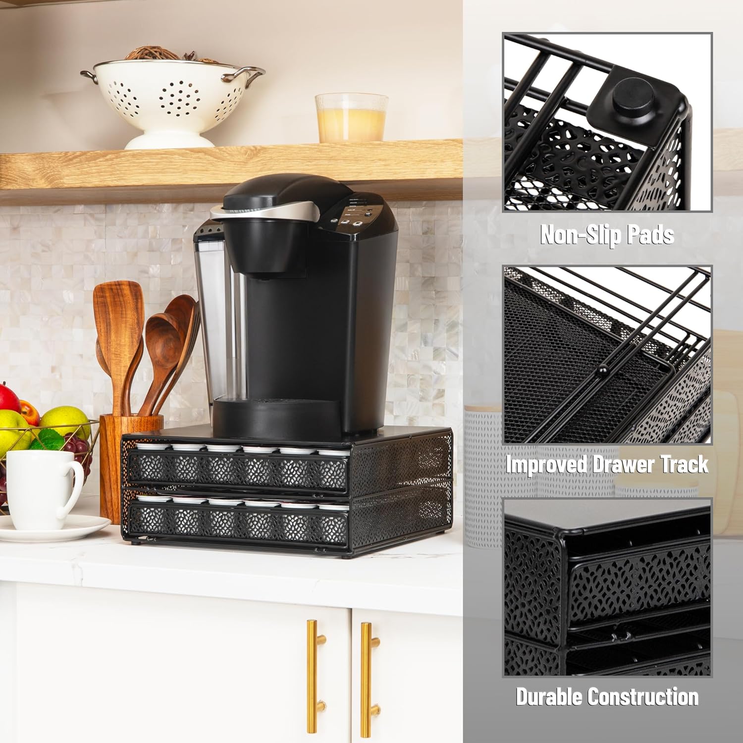 Mind Reader 2 Drawer Coffee Pod Organizer with Removable Dividers, 72 Pod Capacity, Metal Mesh Coffee Station Base with Guided Drawer Track, Black