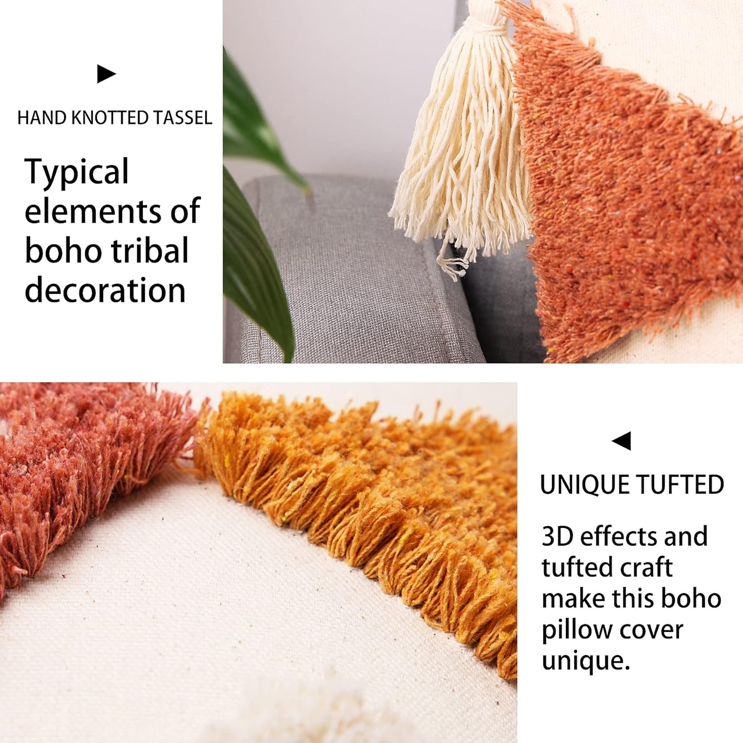 Merrycolor Boho Lumbar Throw Pillow Cover 12x20 inch,Bohemian Tufted Decorative Pillow Covers with Tassels for Couch Sofa Bedroom Living Room - Image 3
