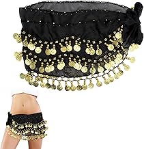 Belly Dance Skirt with 128 Coins, Women's Belly Dance Costume Pareo in Chiffon Black, Black, Gold, M