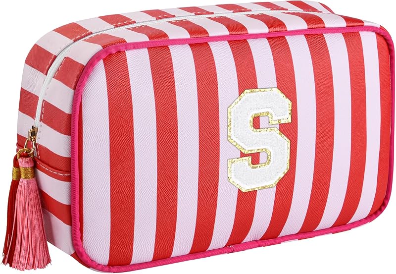 Necessaire de maquiagem listrada ISPbag com inicial, zíper com tassel, Vermelha, MA-6003
