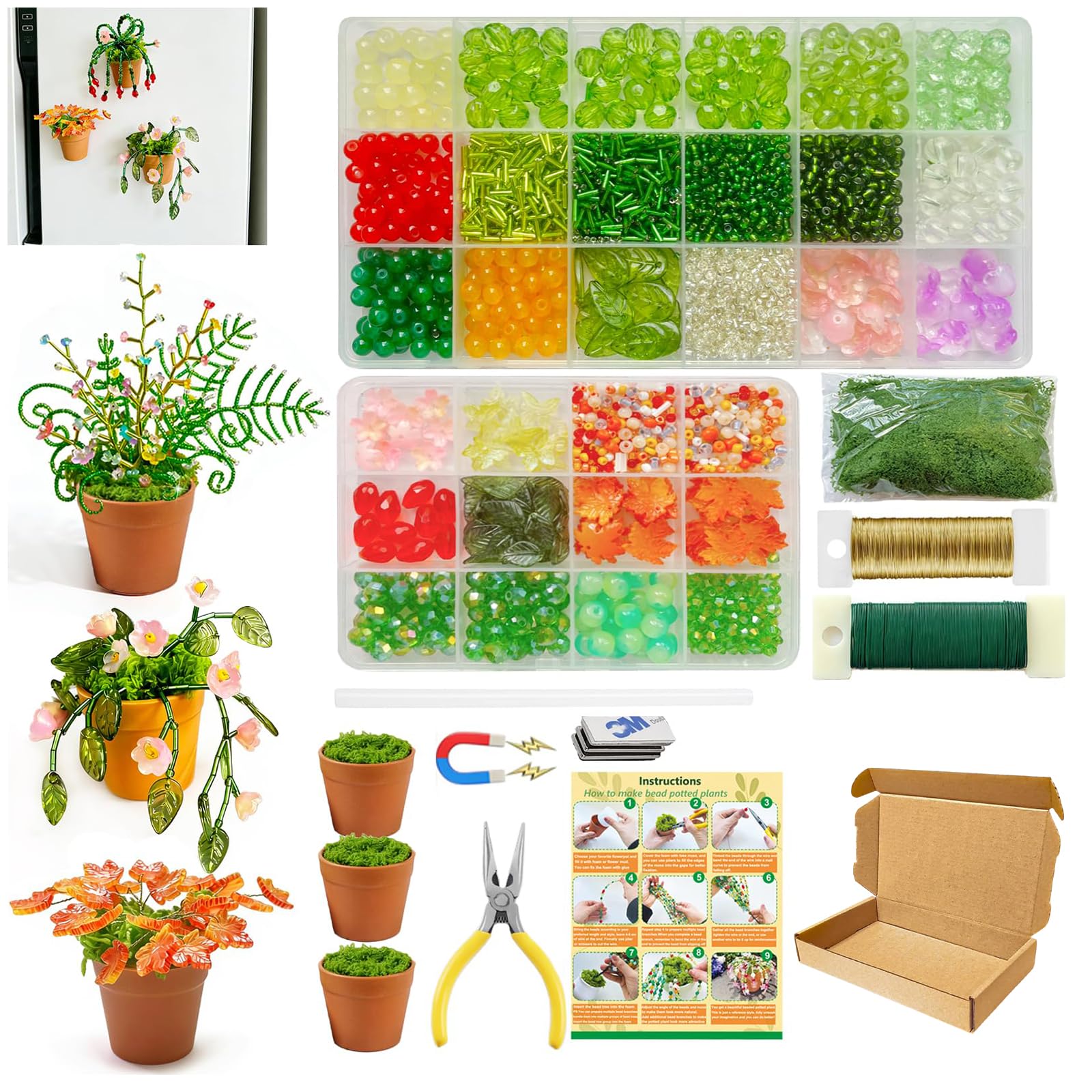 exylosluxek Green Glass Beads DIY Beaded Decorative Plant Making Craft Kit, Complete Kit to Make 3 Handmade Potted Beaded Plants for Home Decor