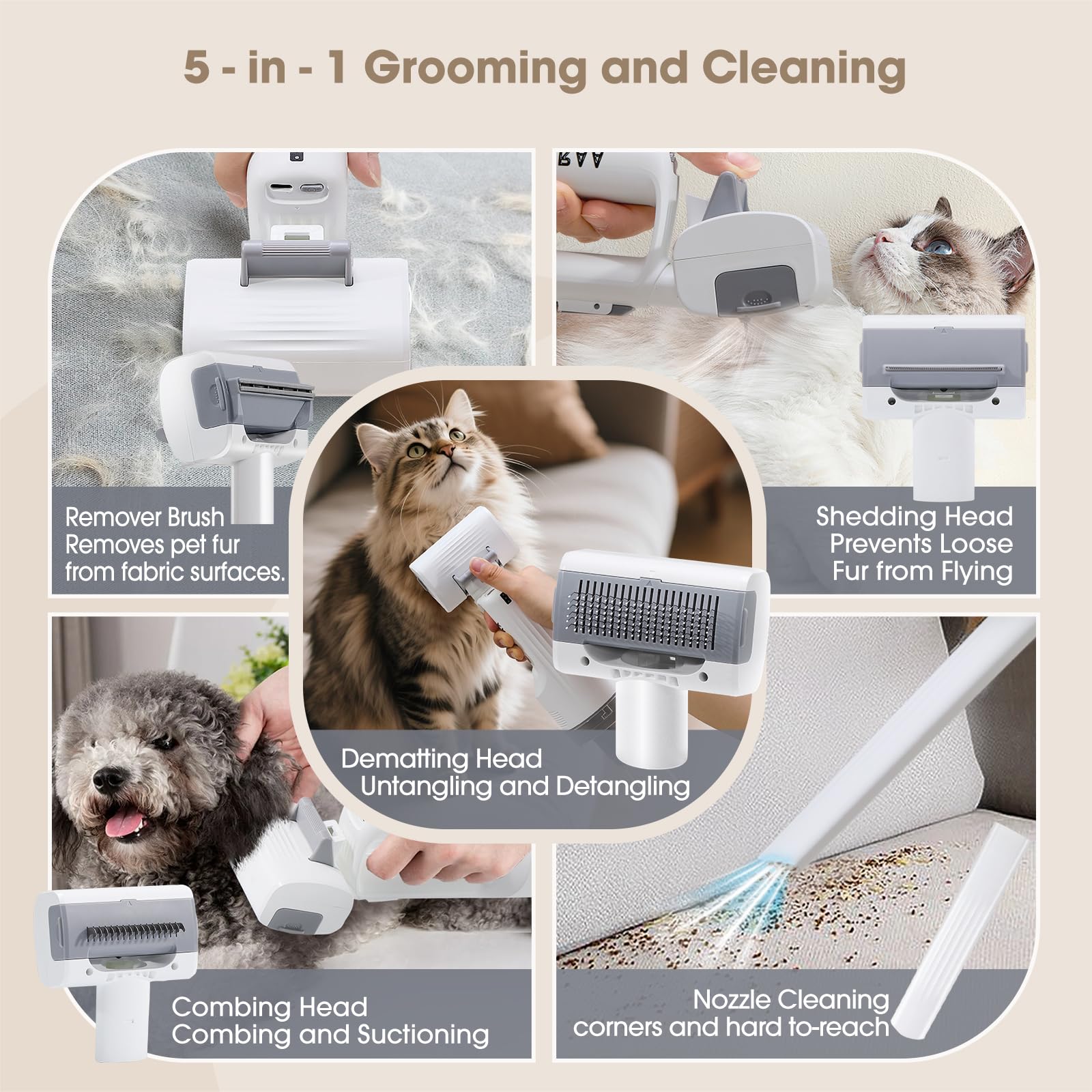 Cats Dogs Grooming Vacuum Kits -Cordless Handheld Fur Remover with 5 Tools Dematting Shedding Brush and Crevice,Rechargeable - Image 3