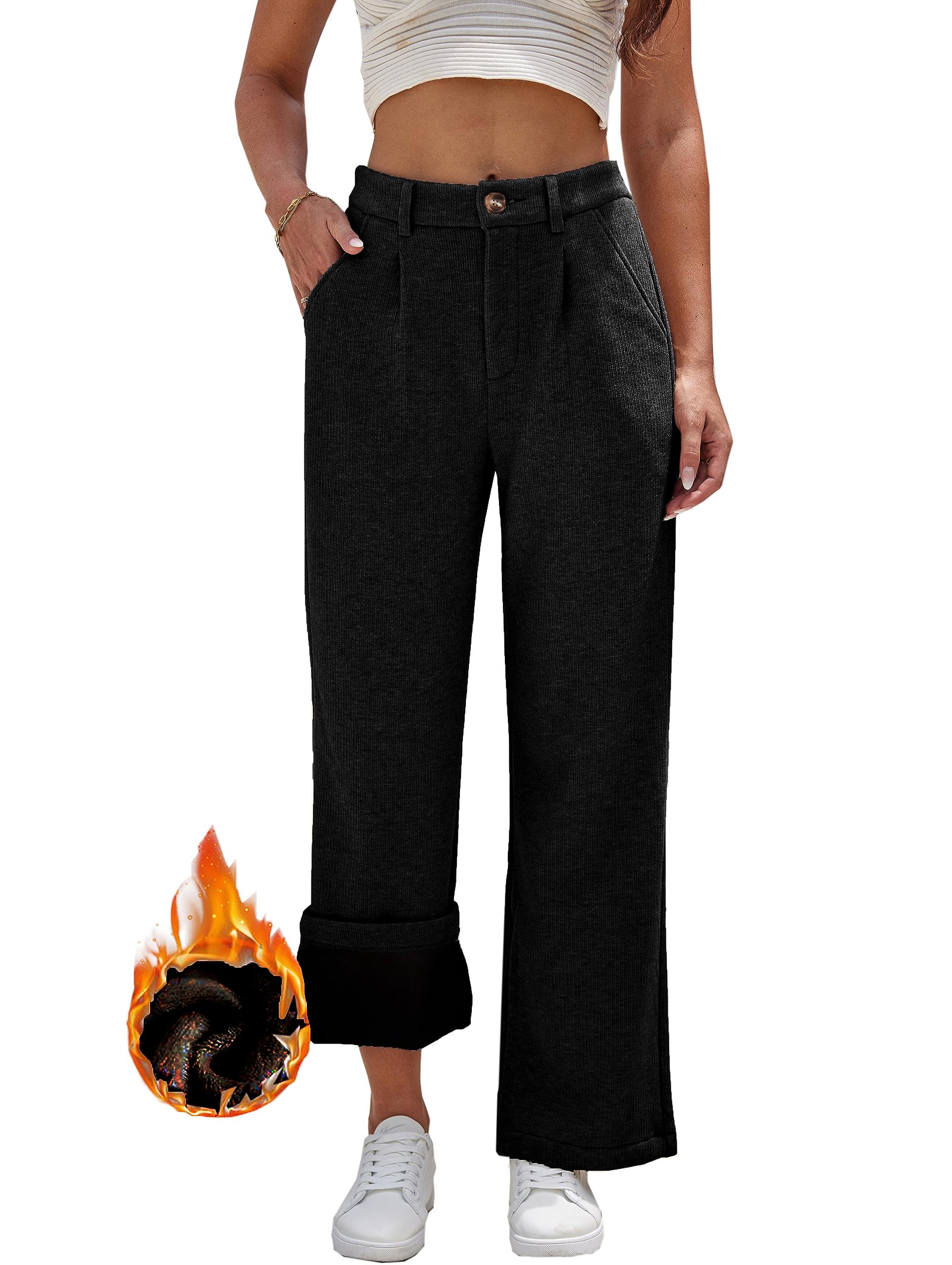 heipeiwaheipeiwa Women's Fleece Lined Winter Thermal Cashmere Knit Wide Leg Pants Trouser Casual Dressy Outfit