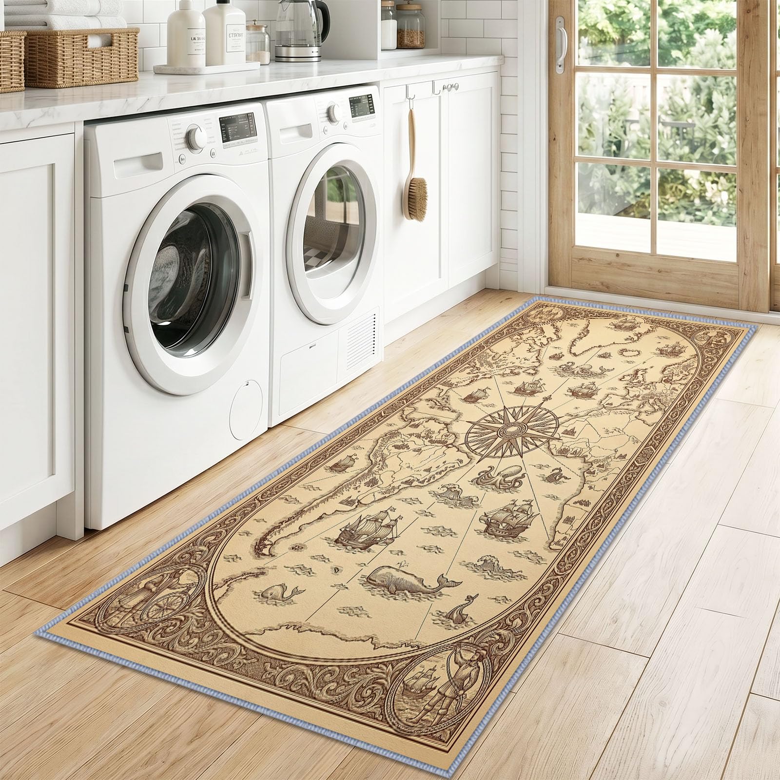 Tarjeta del tesoro vintage brújula alfombra pasillo lavable a máquina, 80 x