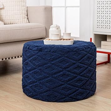 Round Ottoman Pouf, All-in-One Foam Filling Foot Rest 20x14In Navy