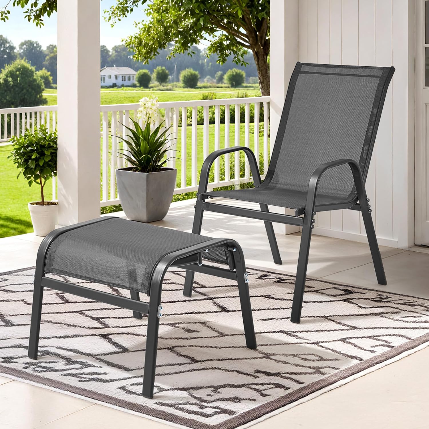 ONBRILL Outdoor Ottoman Set of 2, All Weather Outdoor Foot Stool with Supportive Textliene and Metal Frame, Stackable Oversized Outdoor Foot Rest for Furniture Patio Garden Pool, Grey