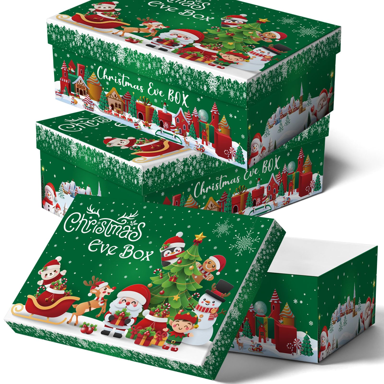 Christmas Eve Boxes, Pack of 3 Christmas Decoration Gift Boxes for Presents, Medium Foldable Reusable Empty Storage Box for Xmas Holiday Gifts, 43cm x 31.5cm x 12.5cm