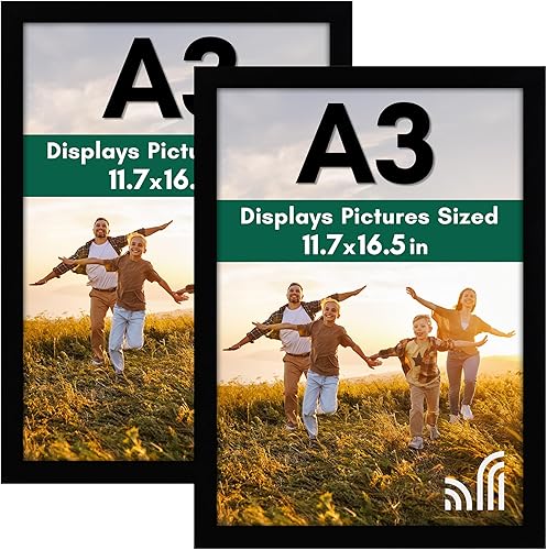 Americanflat Portarretratos A3 en color negro, madera compuesta con vidrio inastillable, formato horizontal y vertical para pared, 11.7 x 16.5