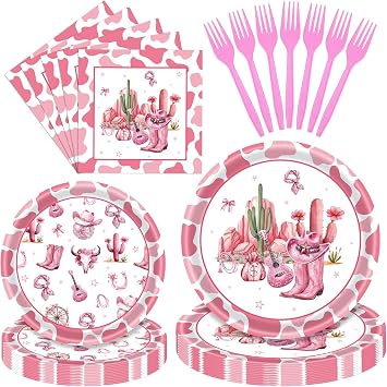 96 Pieces Pink Cowgirl Tableware Set Western Cowgirl Disposable Plates, Napkins with Pink Boots, Hat, and Cactus Designs for Birthday Parties, Bachelorette, and Western Celebrations