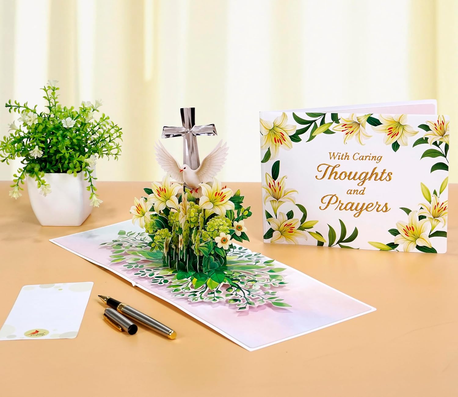 CUTPOPUP Religious Sympathy Card Pop Up 3D, with Caring Thoughts and Prayers, Blank Note Cards with Envelope (Lily with Cross) - Image 3