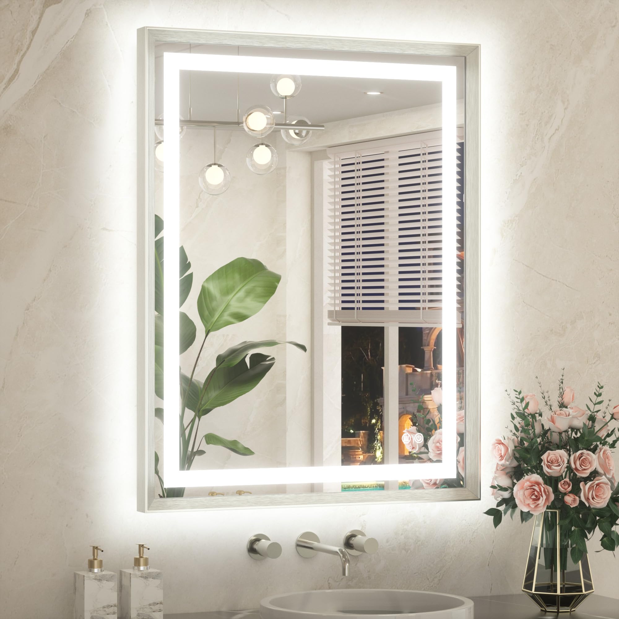 TETOTE 28 x 36 Bathroom LED Mirror Brushed Nickel Metal Frame Frontlit &amp; Backlit Vanity Mirror Anti-Fog Stepless Dimmable 3 Colors White/Warm/Natural Mirror with Lights Wall-Mounted